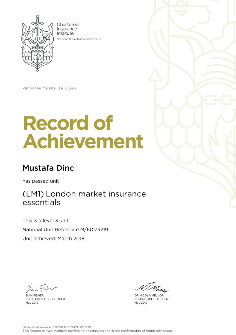Record of Achievement - LM1 London Market Insurance Essentials