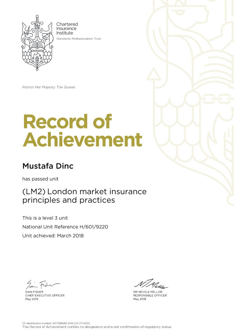 Record of Achievement - LM2 London Market Insurance Principles and Practises